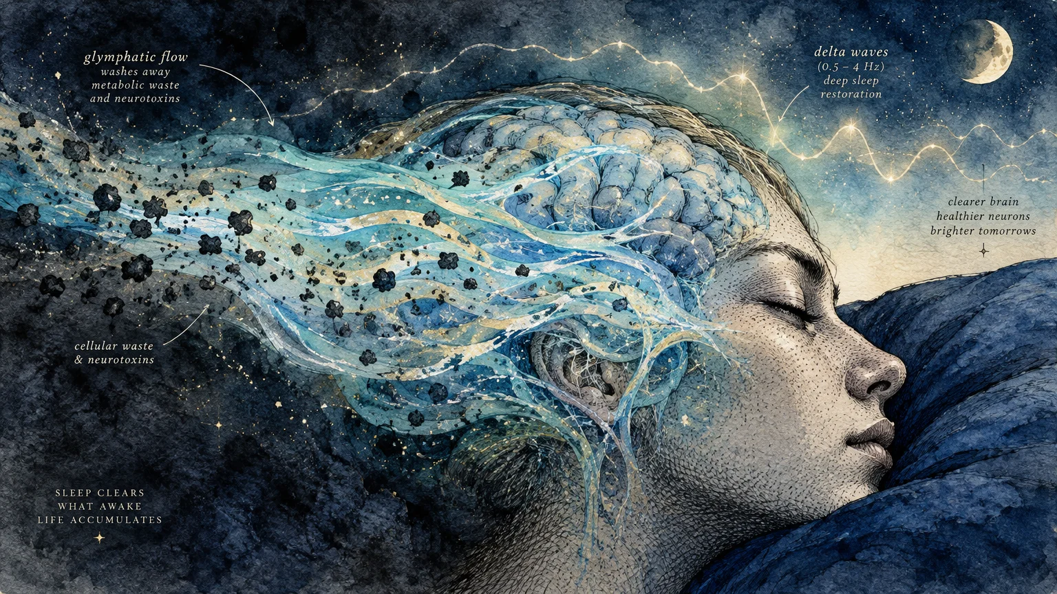 Illustration of a sleeping person with an exposed brain flushing out dark waste particles via flowing blue fluid.