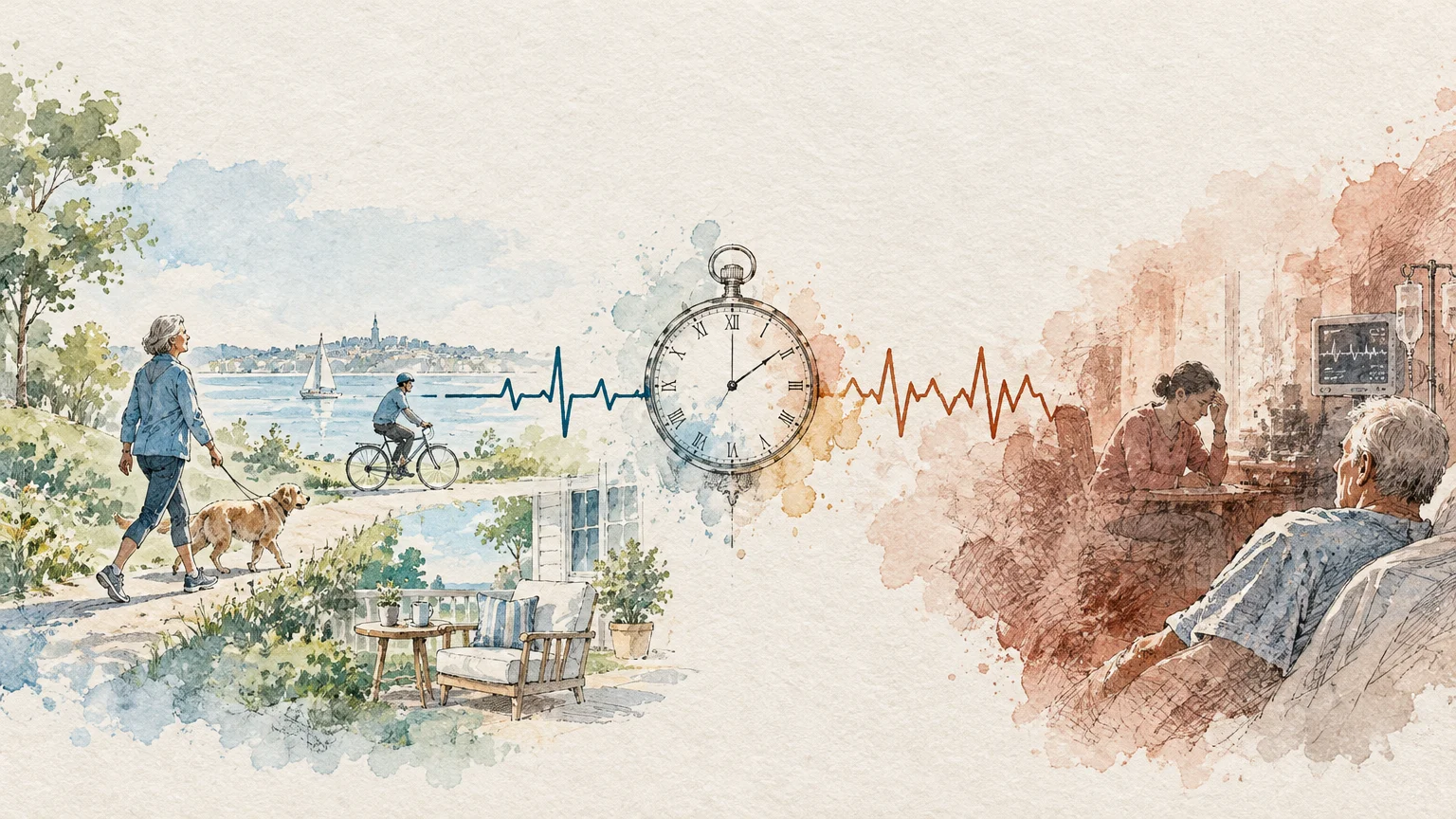 Split watercolor illustration of an active outdoor scene and a hospital room separated by a pocket watch and heart trace.