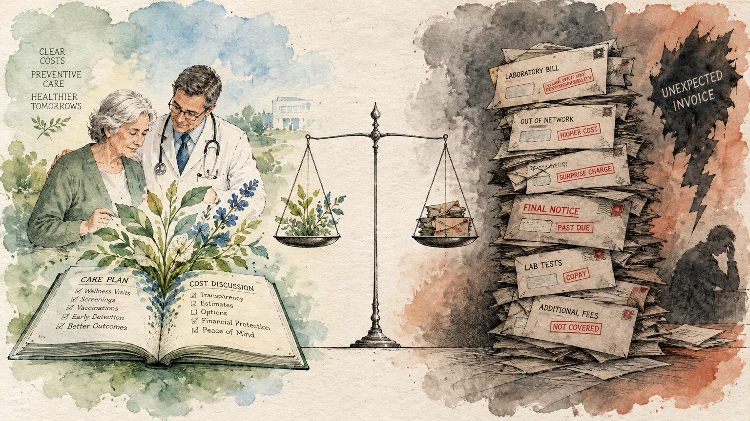 Split illustration of a doctor consulting an older patient beside an open book, contrasted with a scale and stack of bills.