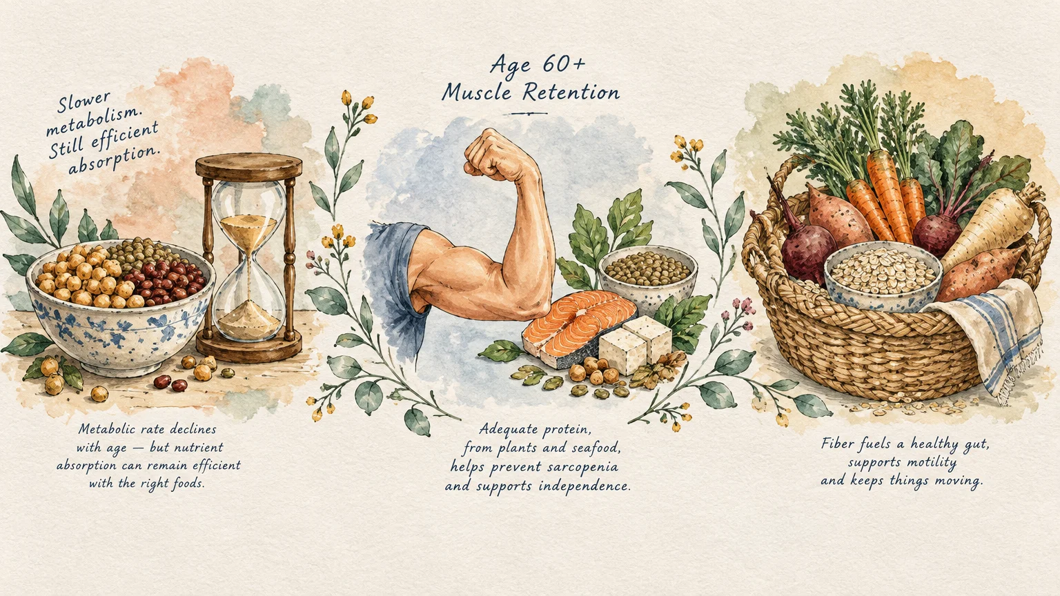 Watercolor illustration of grains beside an hourglass, a flexing arm with protein foods, and a basket of vegetables.