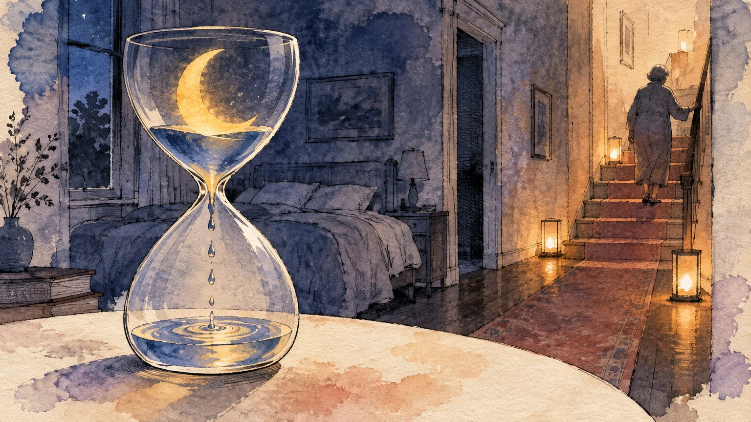 Watercolor illustration of an hourglass with water and a crescent moon in a bedroom as a person walks up stairs.