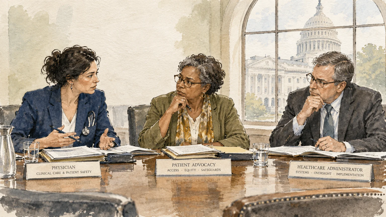 Illustration of a physician, patient advocate, and healthcare administrator seated at a panel table before the U.S. Capitol.