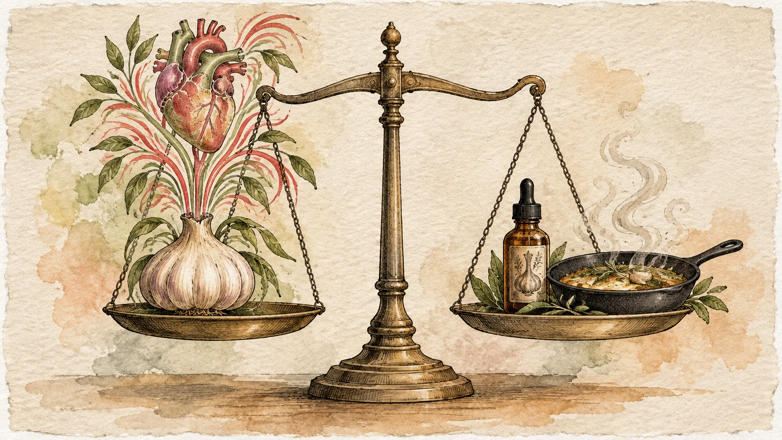 A balance scale weighing a garlic bulb growing into a human heart against a medicinal tincture bottle and skillet.
