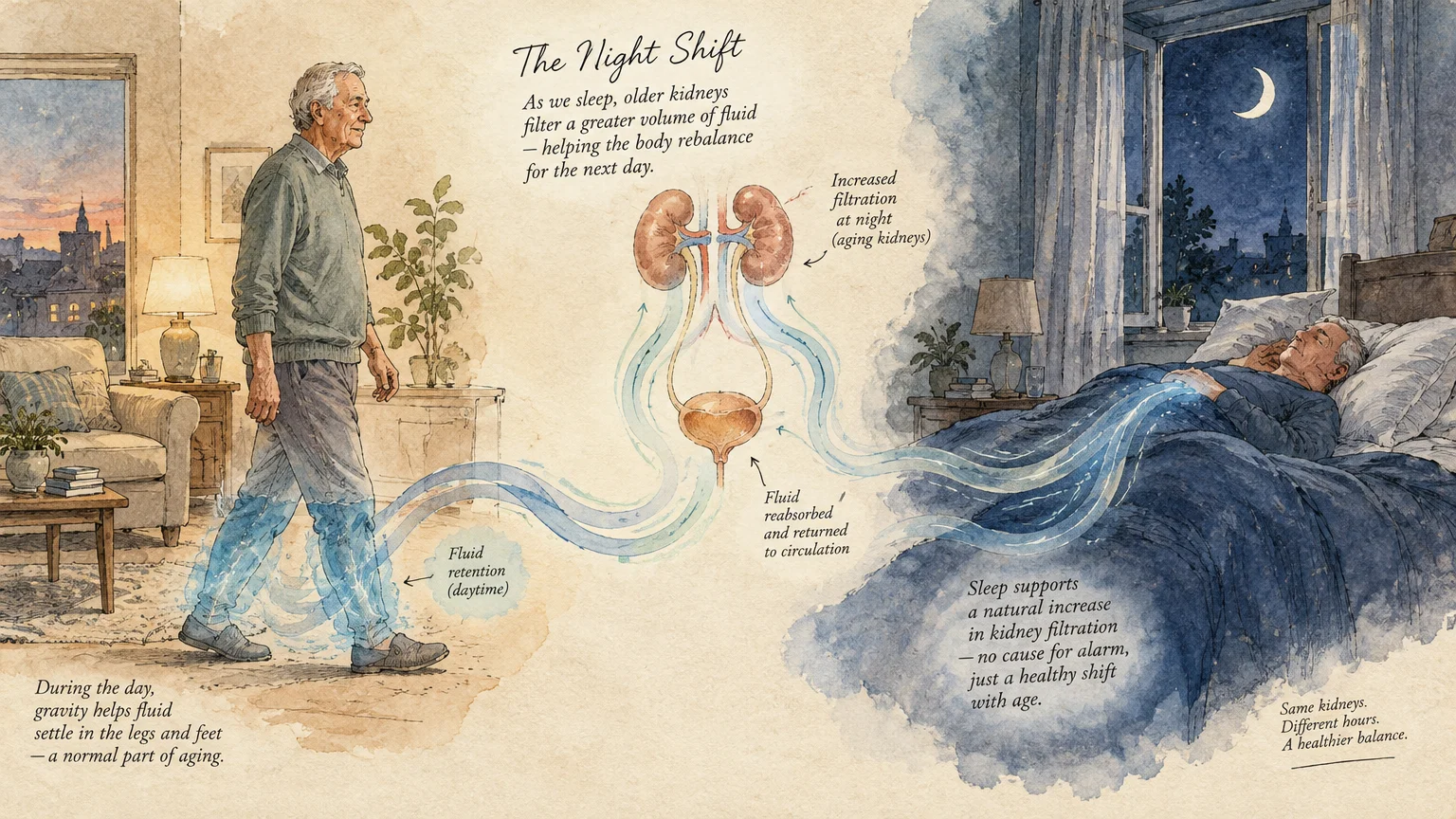 Watercolor diagram comparing daytime fluid retention in a walking man to nighttime kidney filtration while asleep.