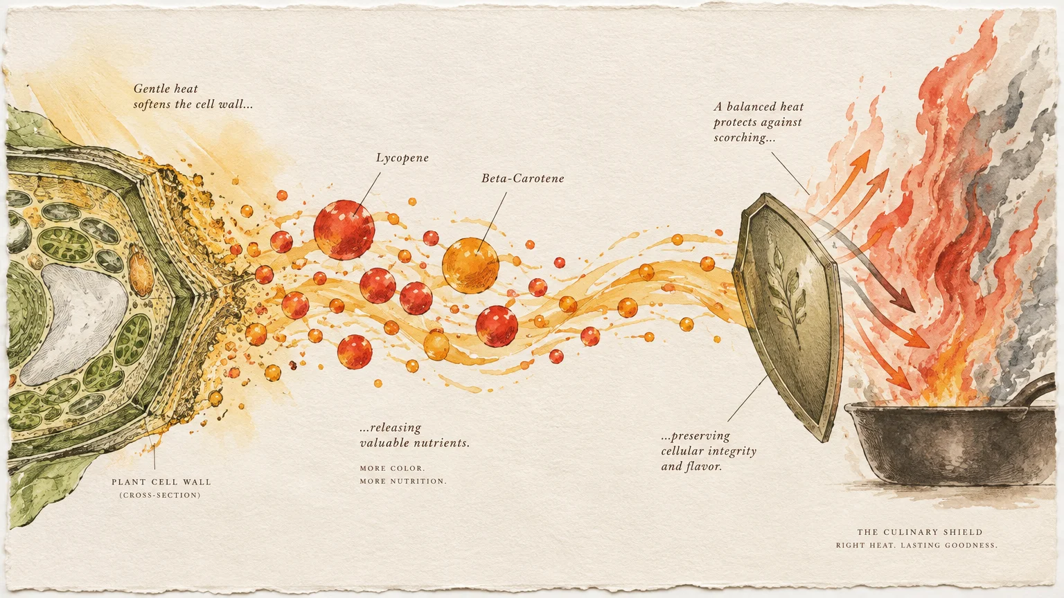 Watercolor diagram showing plant cell walls softening to release lycopene and beta-carotene shielded from pan flames.