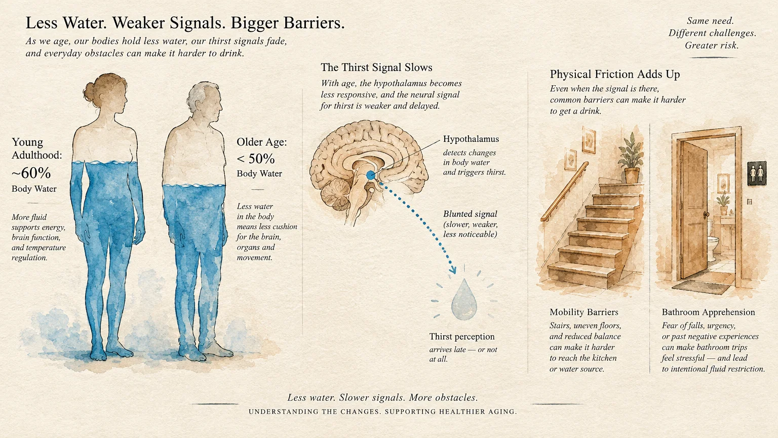 Infographic detailing aging dehydration factors, comparing body water levels, brain thirst signals, and mobility barriers.