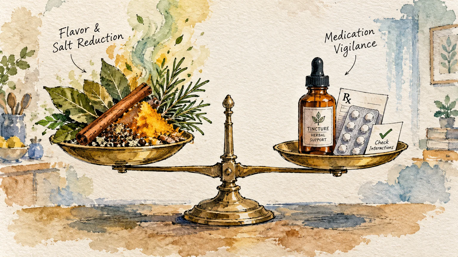 Brass balance scale weighing culinary herbs and spices against a tincture dropper bottle, blister pack, and prescription.