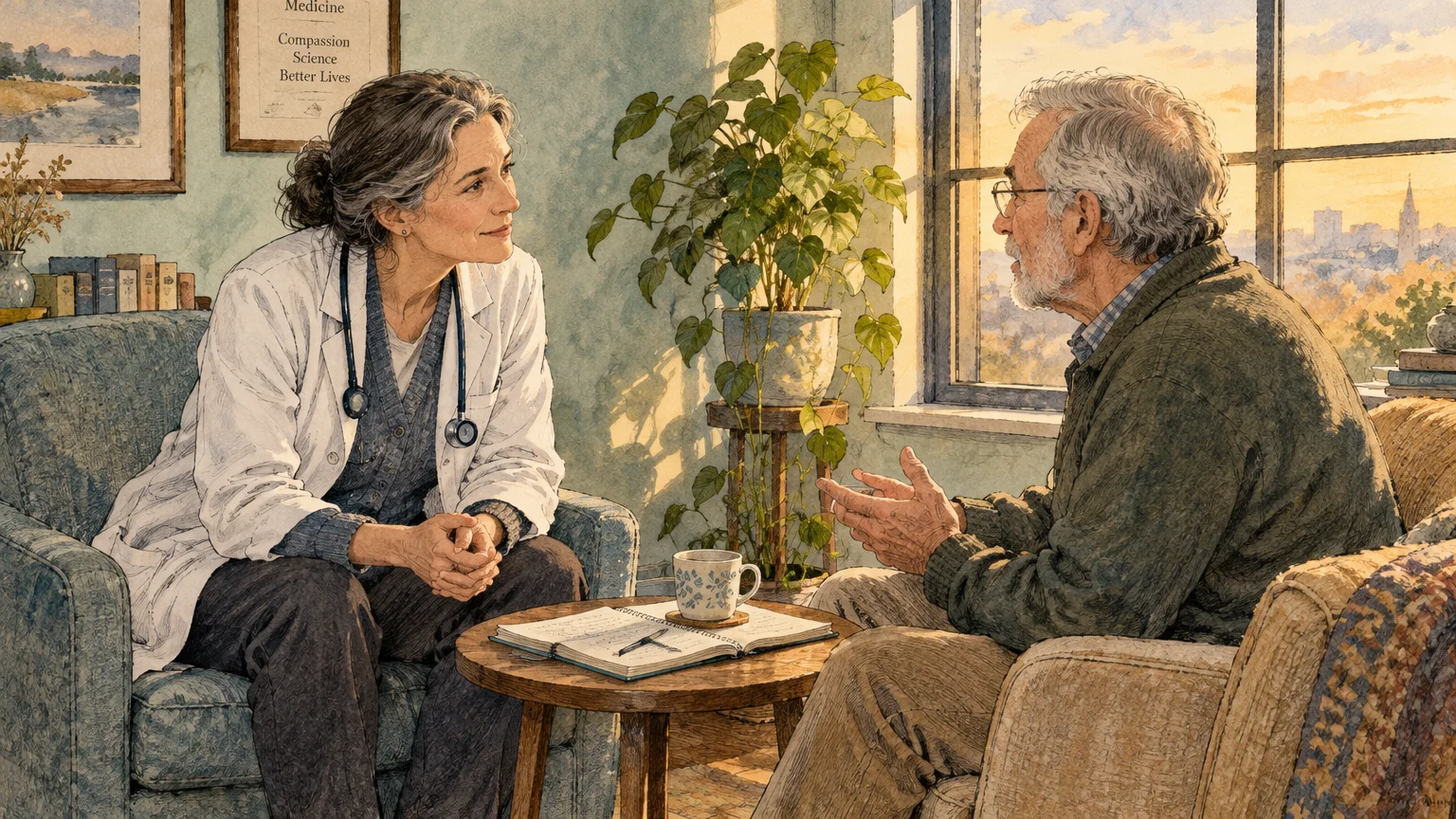 A female doctor in a white coat sits in an armchair, listening intently to an older male patient talking near a window.