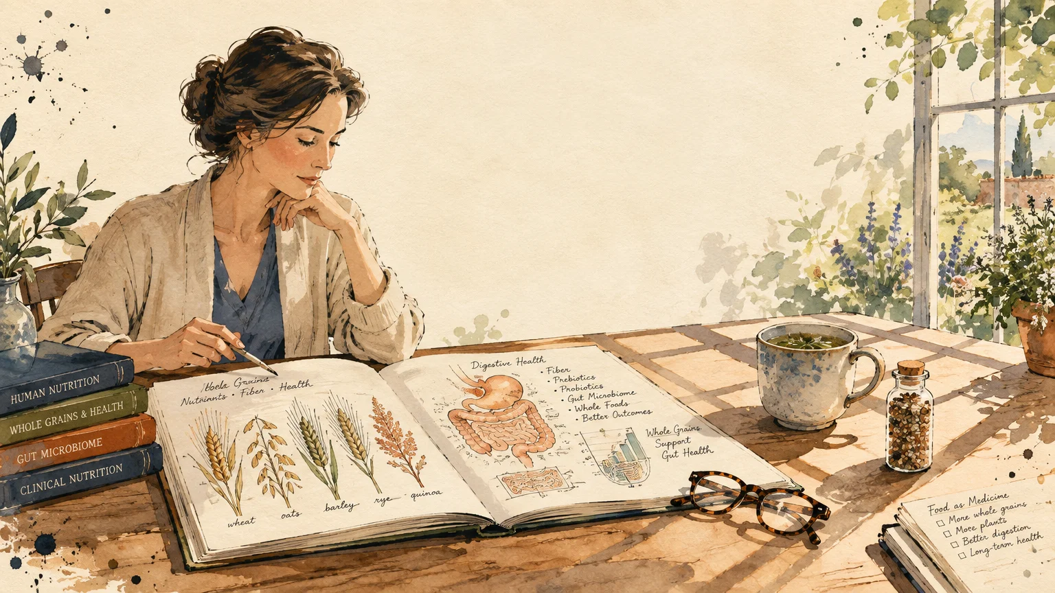 Watercolor illustration of a woman studying an open textbook detailing grain anatomy and digestive health at a sunlit desk.