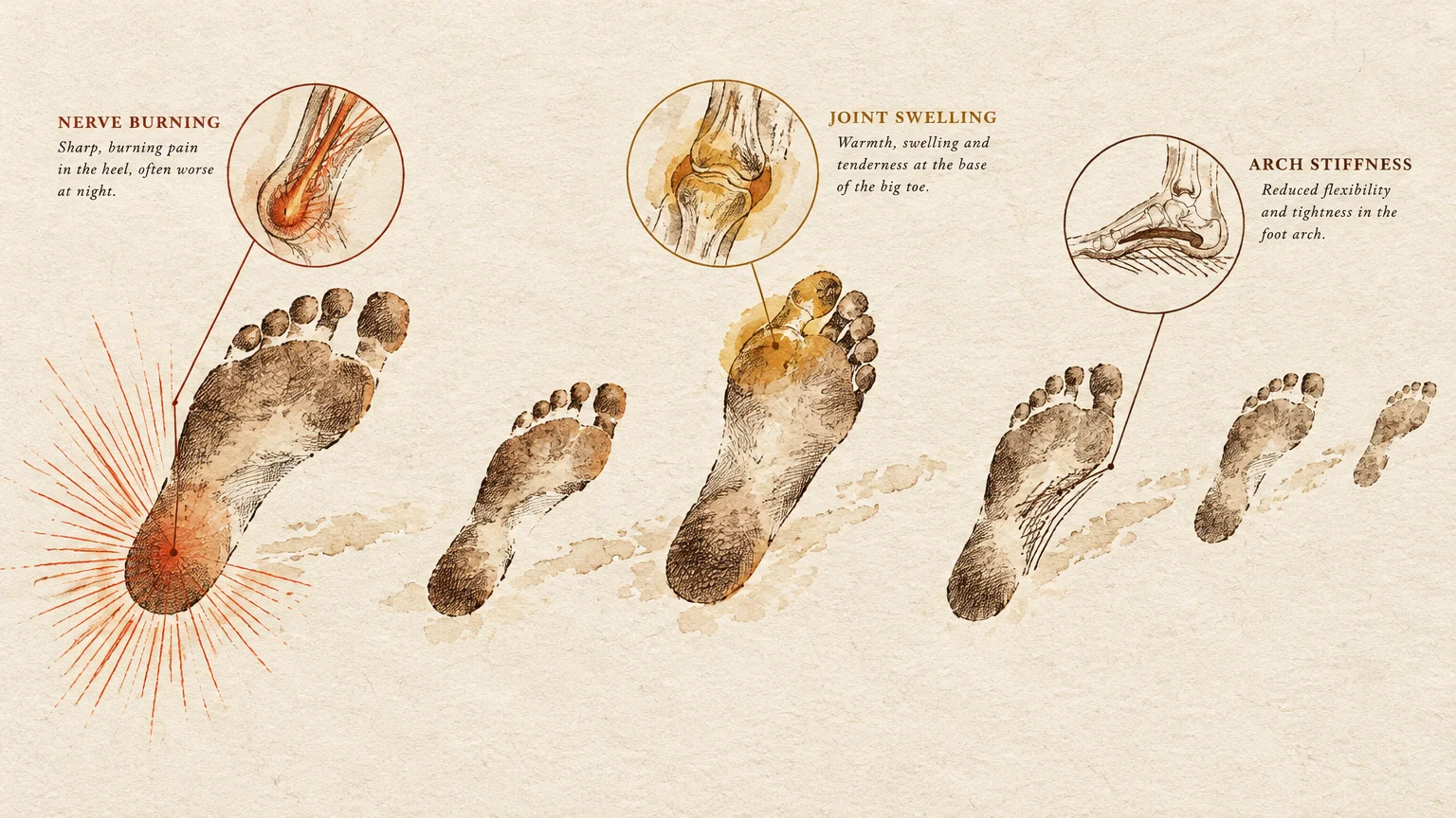 Illustration of footprints showing medical callouts for nerve burning at the heel, joint swelling, and arch stiffness.