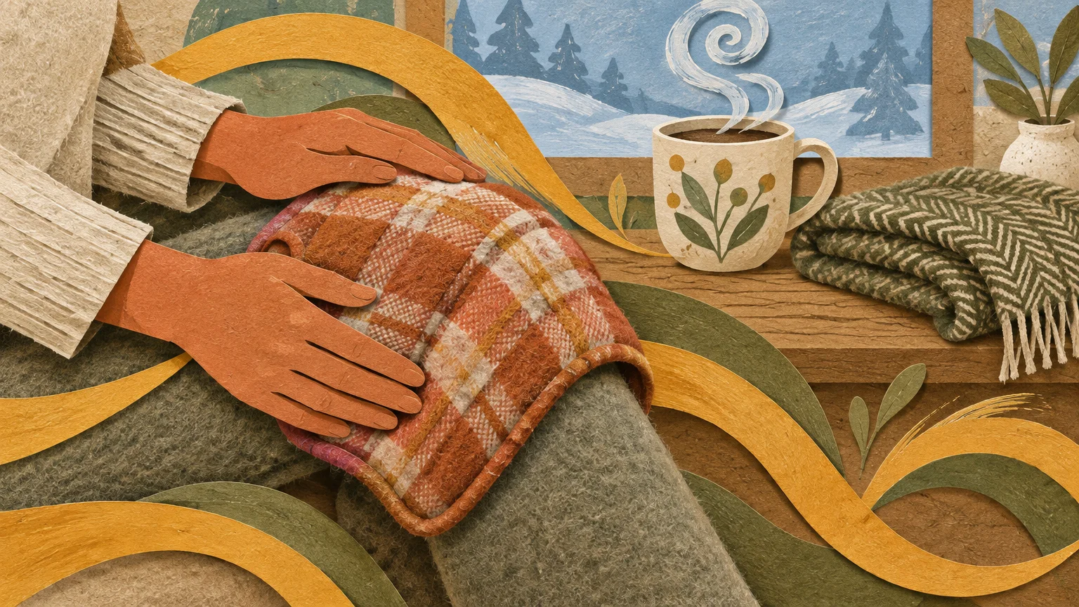 Paper craft art of hands holding a warm plaid pack on a knee beside a steaming mug by a snowy window.