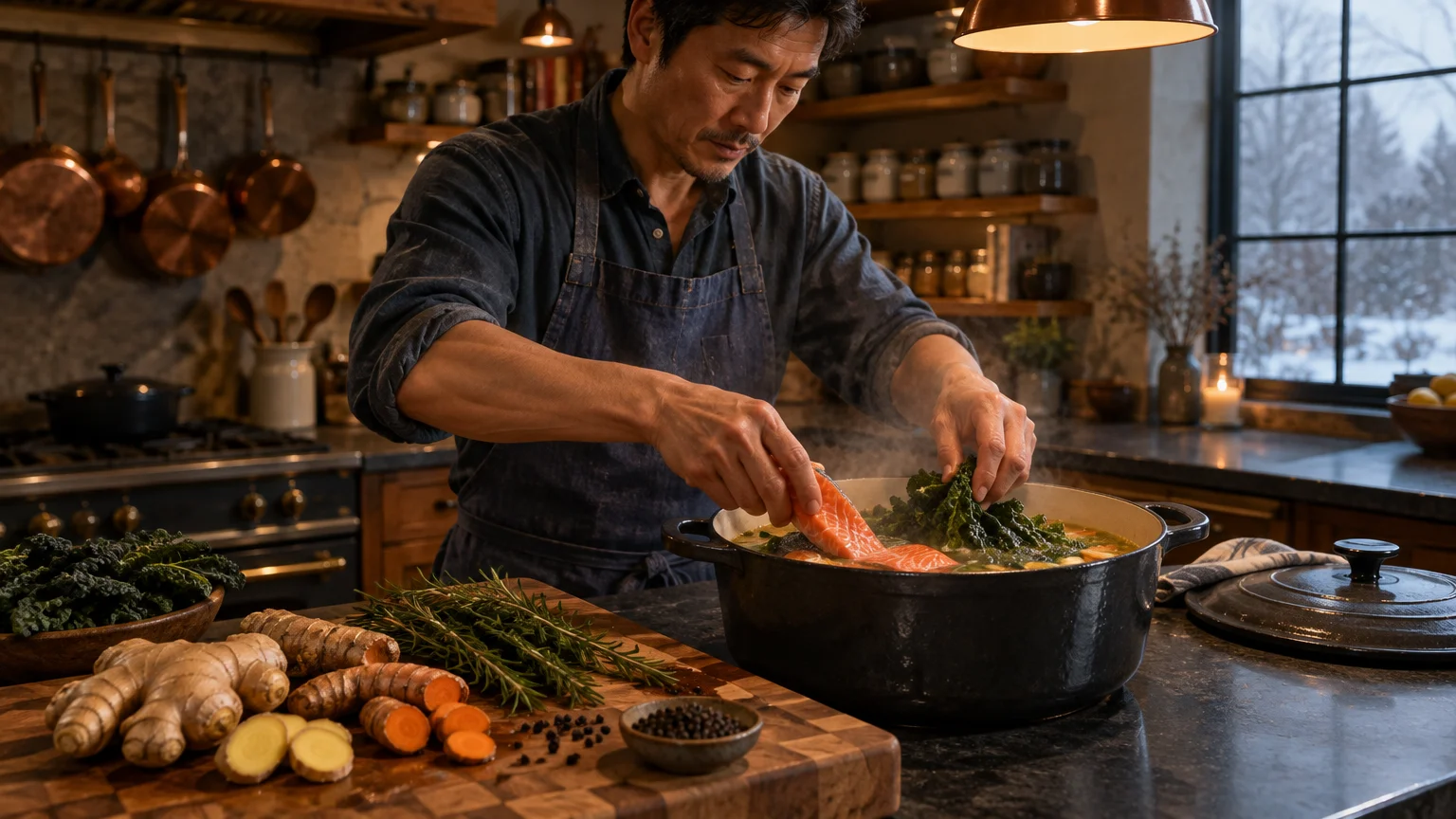 A man placing salmon fillets and kale into a steaming pot on a kitchen island beside ginger and turmeric roots.