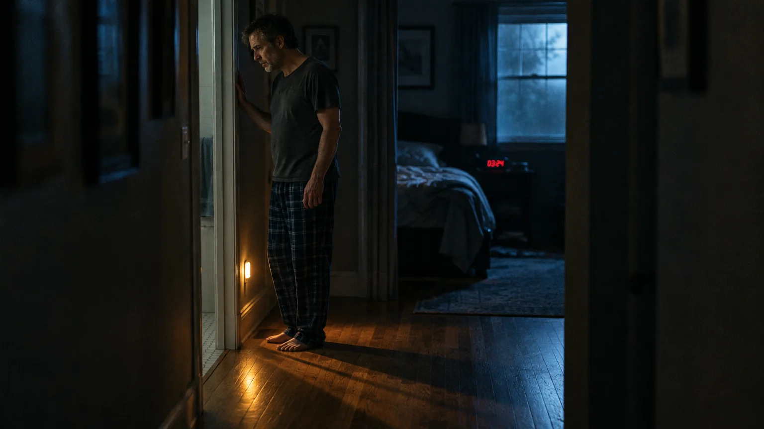 A man in pajamas stands barefoot in a dark hallway, leaning against a bathroom doorway illuminated by a nightlight.