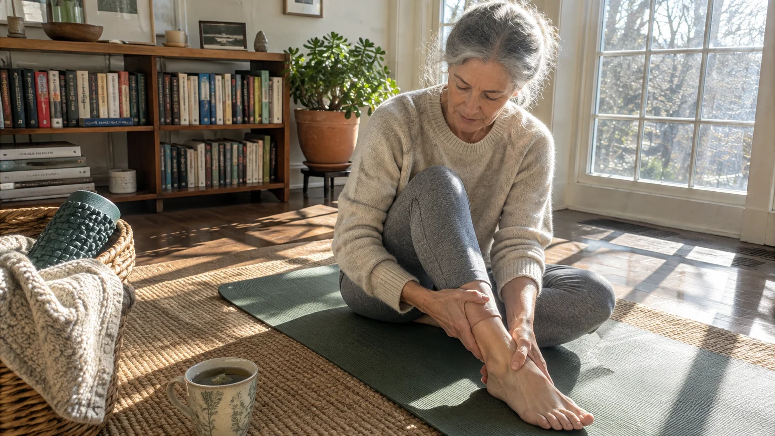 Mature woman sitting on an exercise mat indoors holding her ankle near a cup of tea.