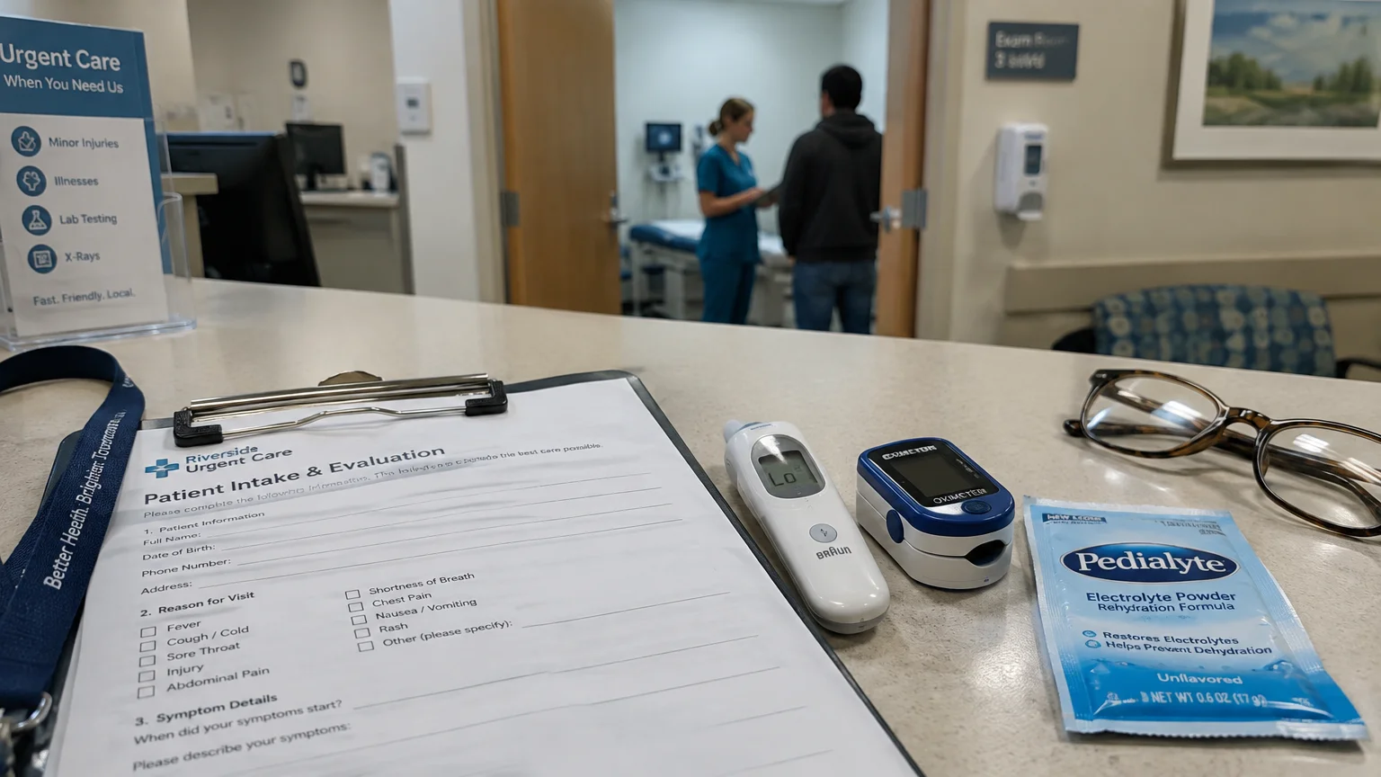 Medical intake clipboard, thermometer, pulse oximeter, eyeglasses, and Pedialyte packet on counter with clinic staff in background.