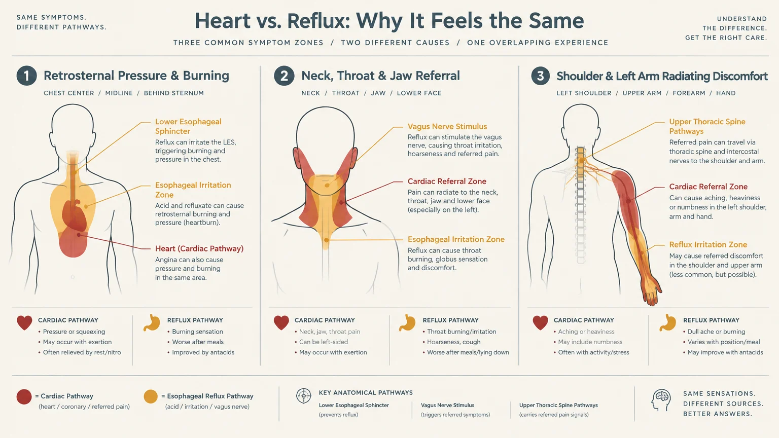 Medical diagram comparing cardiac and reflux pathways across three symptom zones: chest, neck and jaw, and left arm.