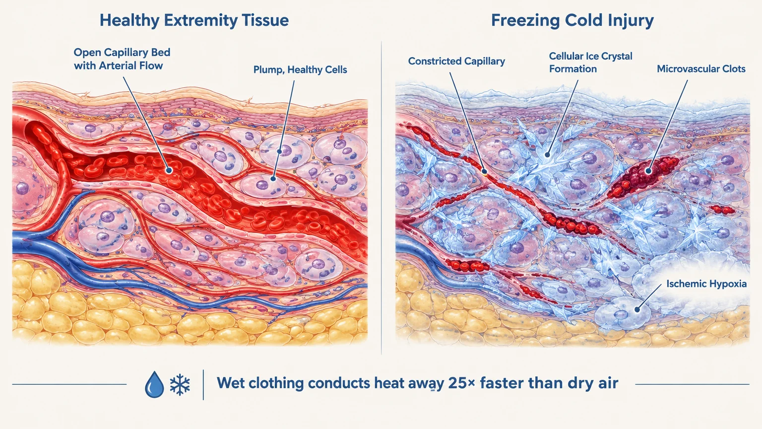 Diagram comparing healthy tissue with open capillaries against freezing cold injury with constricted capillaries and ice.