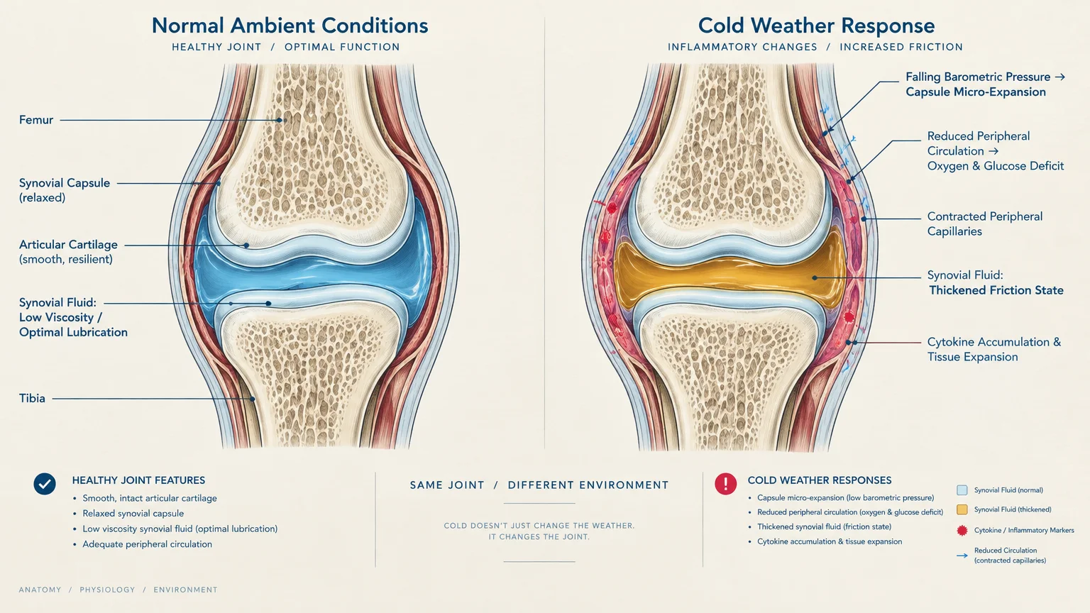 Diagram comparing a normal joint with low viscosity synovial fluid to a cold-weather joint with thickened fluid.