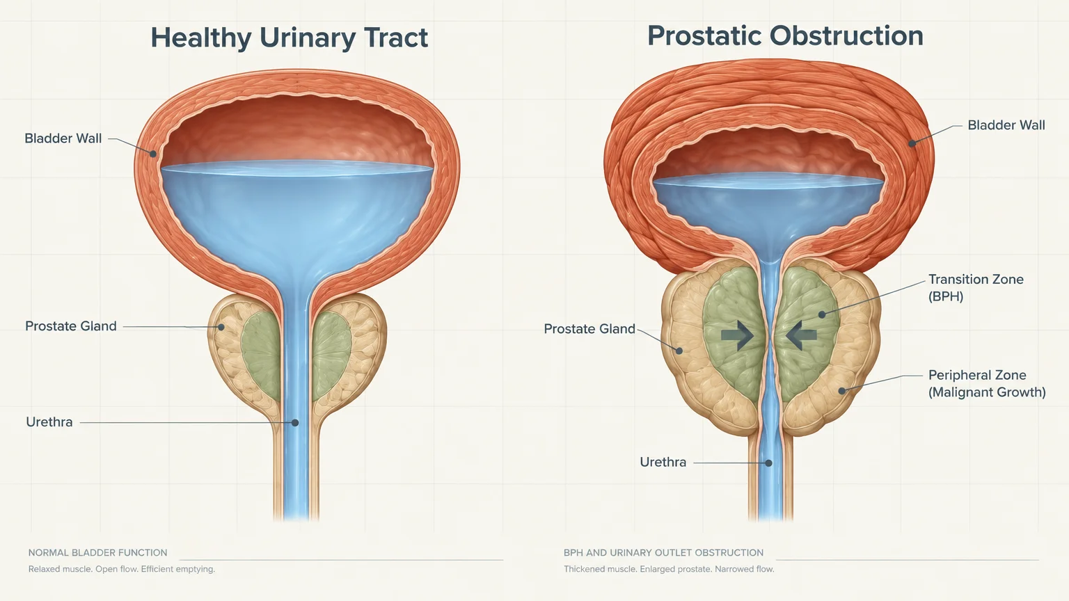 Medical diagram comparing a healthy urinary tract with open flow to prostatic obstruction pinching the urethra.
