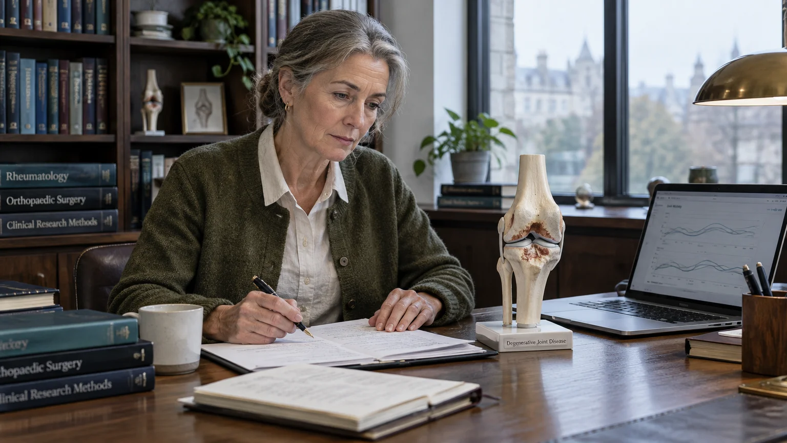 Woman sitting at a wooden desk writing notes next to an anatomical knee joint model and open laptop.
