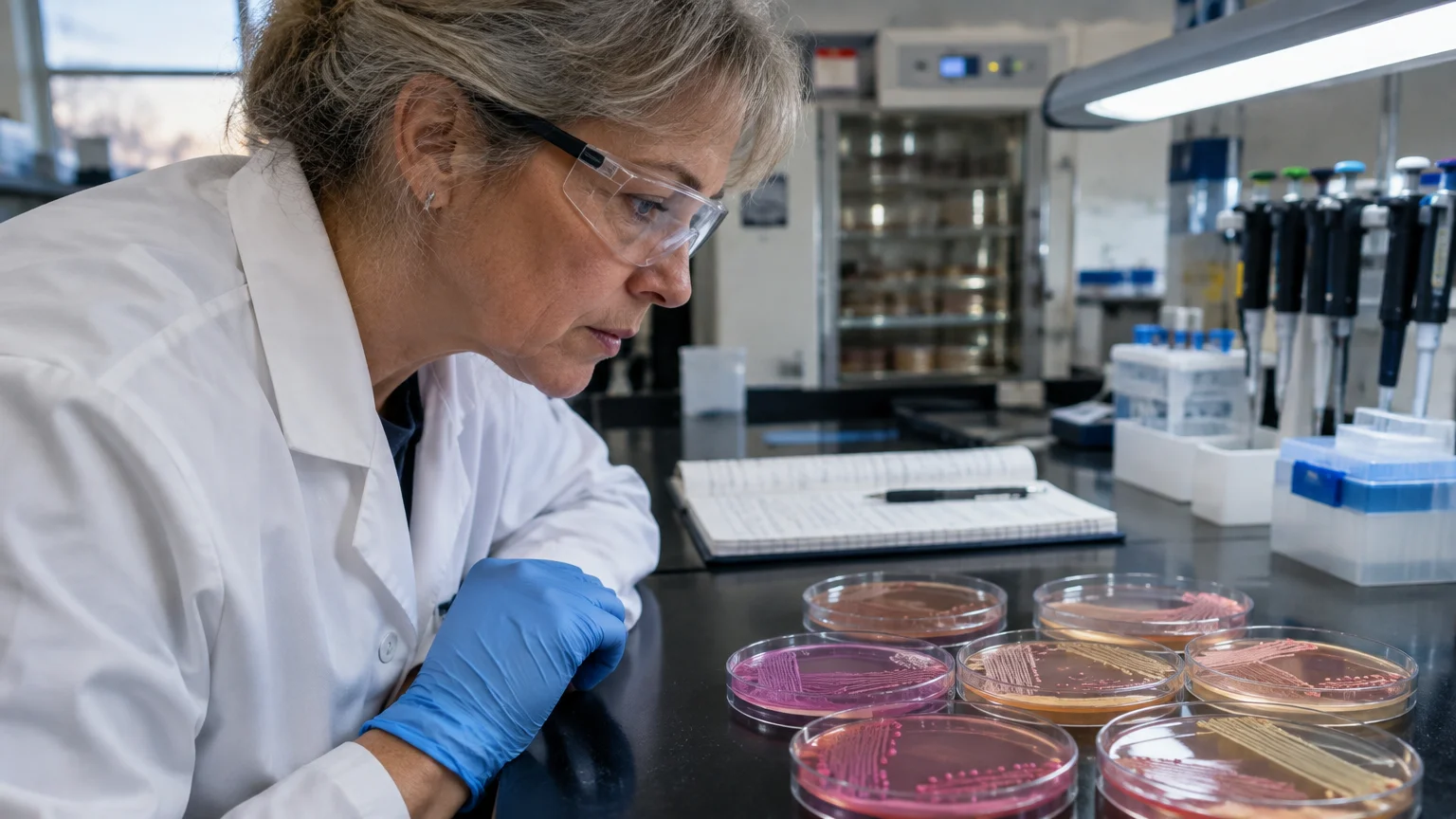 A female scientist in safety glasses and a lab coat examines bacterial cultures in petri dishes on a laboratory bench.