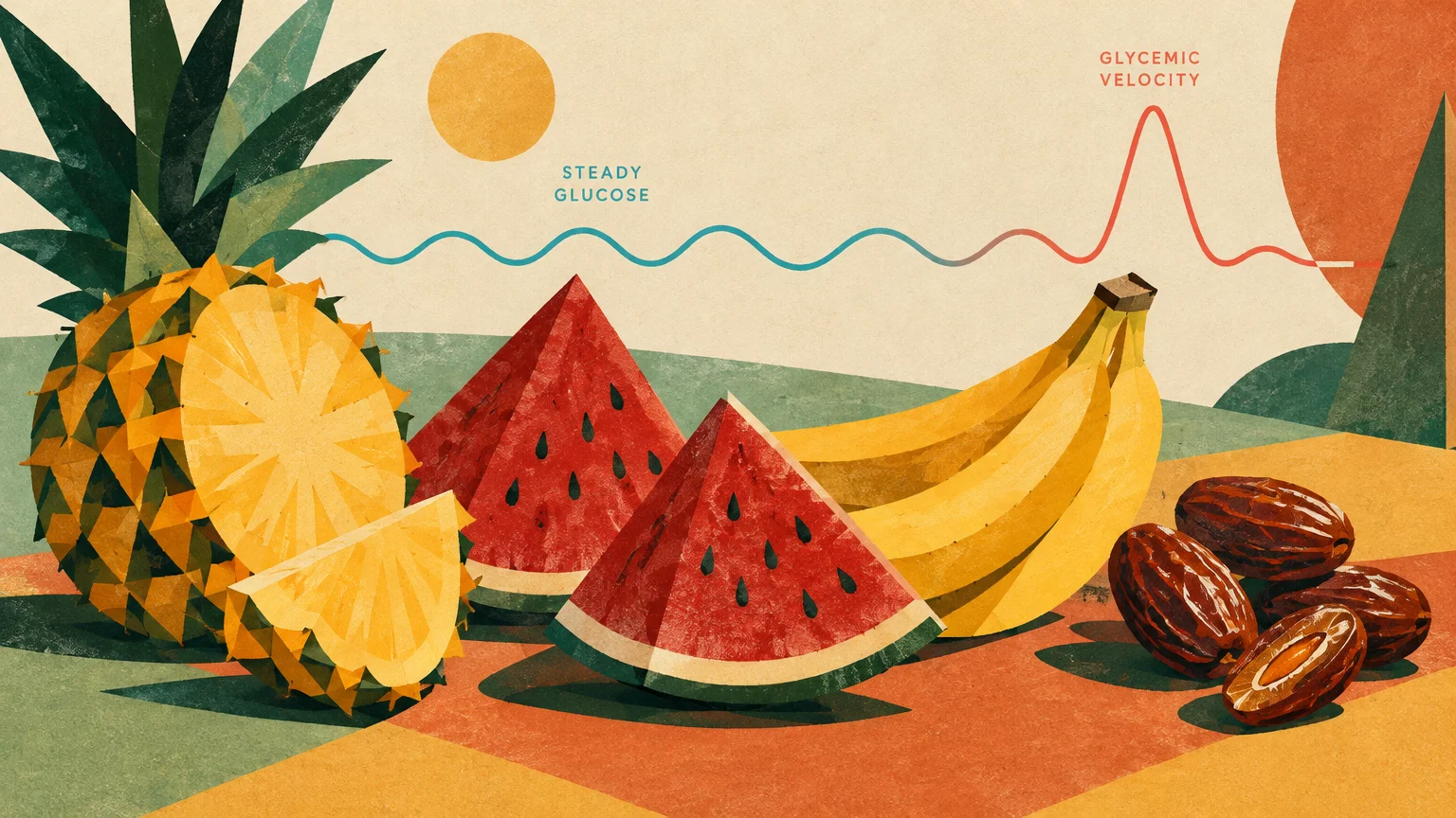 Sliced pineapple, watermelon wedges, bananas, and dates on a table beneath a stylized glucose level line graph.