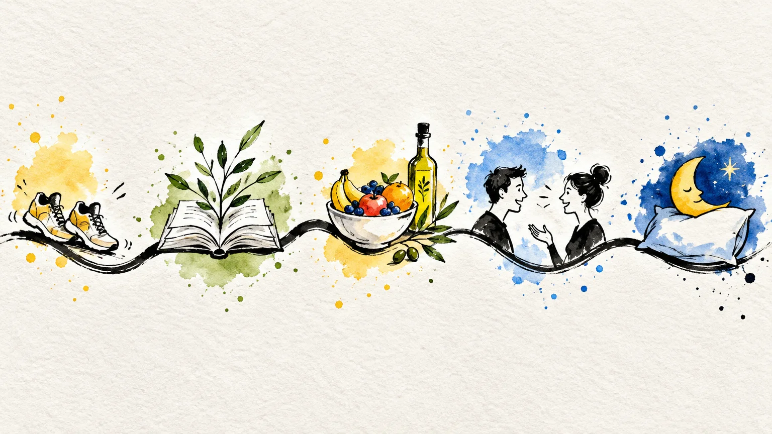 Watercolor illustration showing five healthy habits: running shoes, an open book, healthy food, socializing, and sleep.