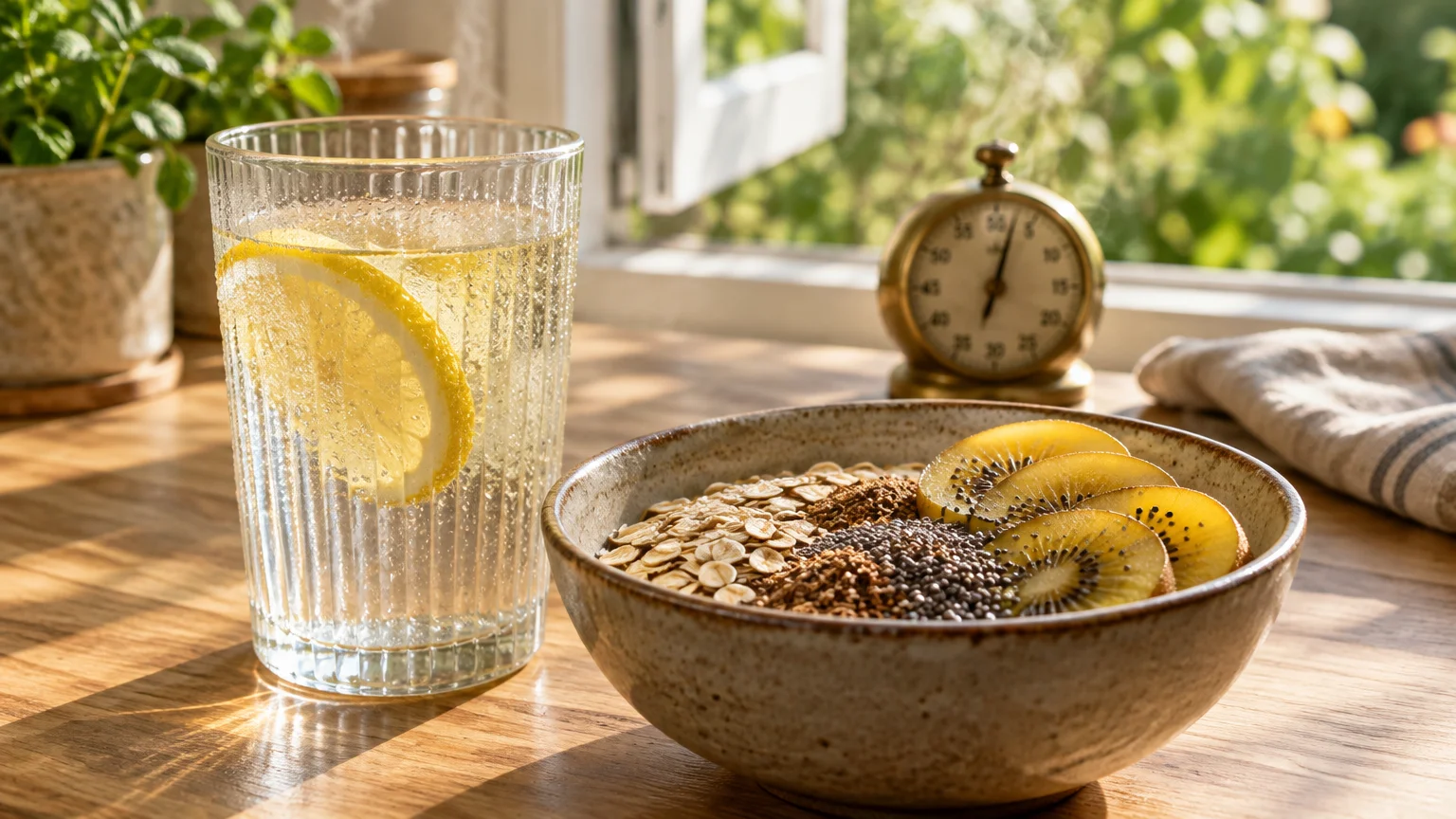 A bowl of oats, chia seeds, and sliced kiwi sits on a wooden counter next to a glass of lemon water and a small clock.