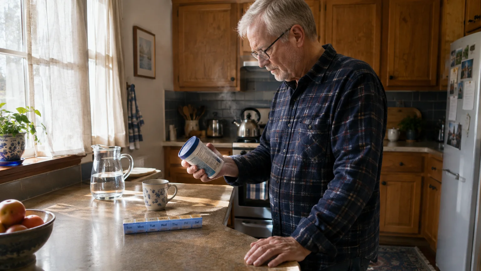A senior man in a kitchen reading the label on a medication container near a weekly pill organizer.
