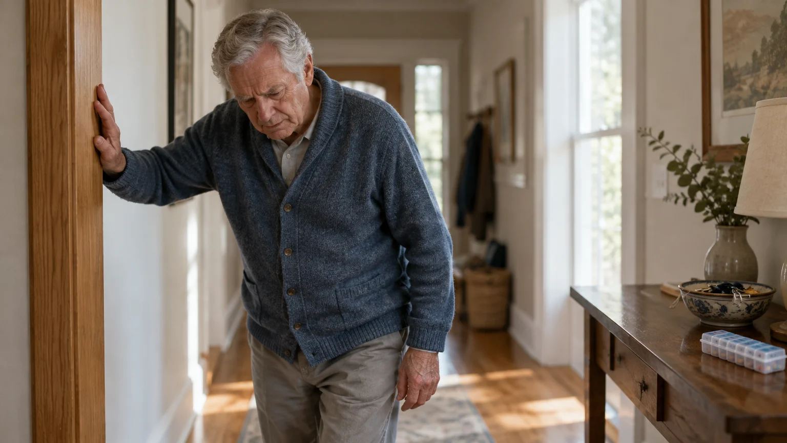An older man wearing a blue cardigan steadies himself against a wooden doorframe in a hallway near a pill organizer.