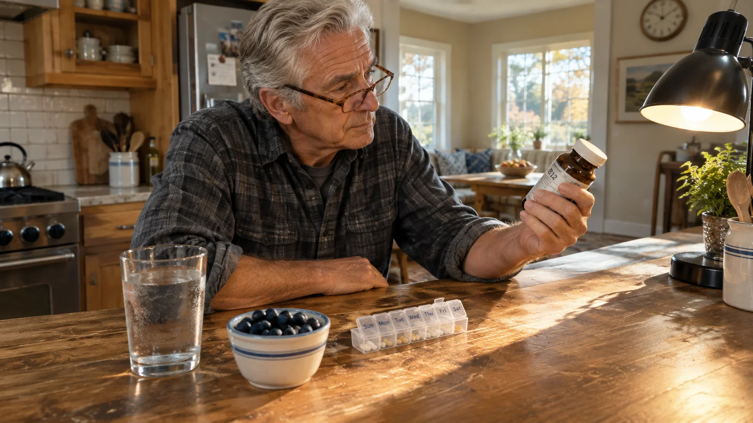 An older man wearing glasses reads the label on a vitamin B12 bottle beside a daily pill organizer.