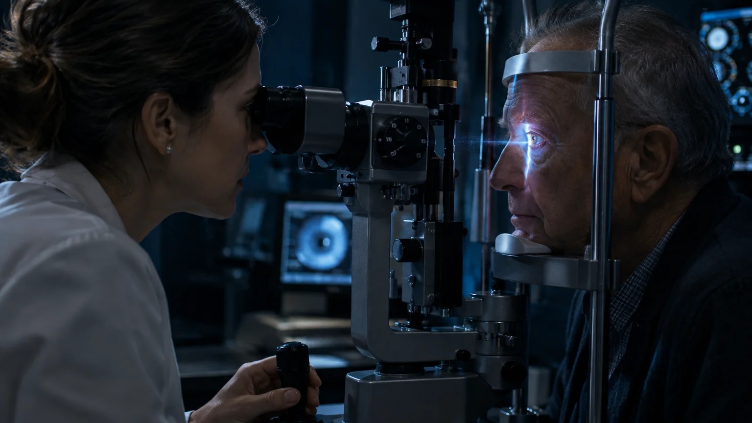 An eye doctor examines an older man's eye using a slit lamp microscope in a dimly lit clinical room.
