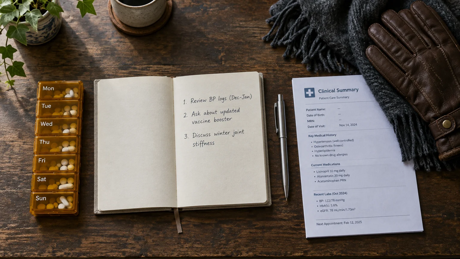 A notebook with handwritten notes sits beside a pill organizer, pen, medical summary paper, gloves, and a scarf on a desk.