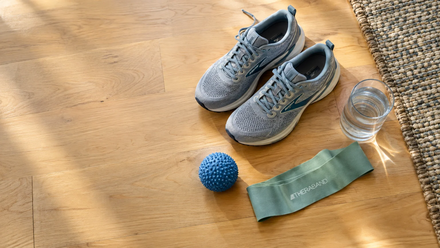 Running shoes, a blue massage ball, a green resistance band, and a glass of water on a light wood floor.