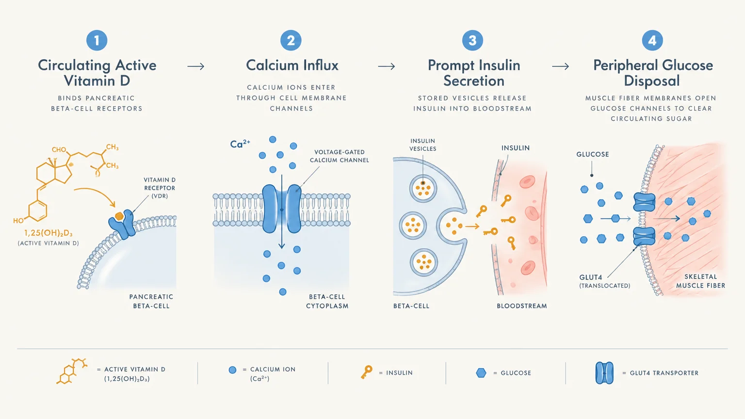 Diagram showing four steps: circulating active vitamin D, calcium influx, prompt insulin secretion, and glucose disposal.