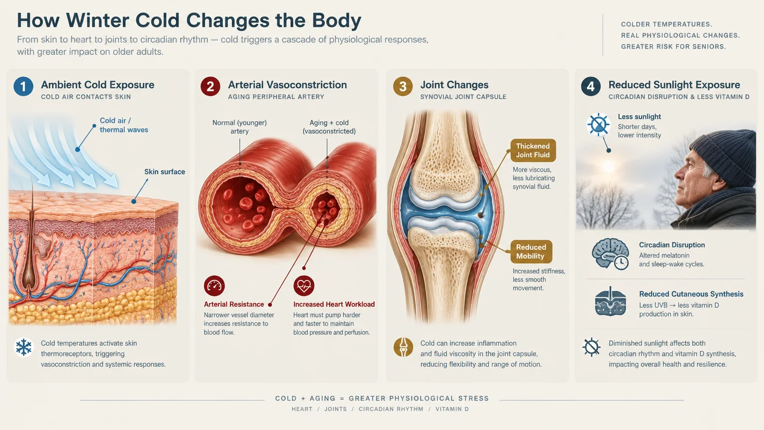 Four-panel medical diagram detailing cold exposure effects on skin, arterial vasoconstriction, joint fluid, and sunlight.