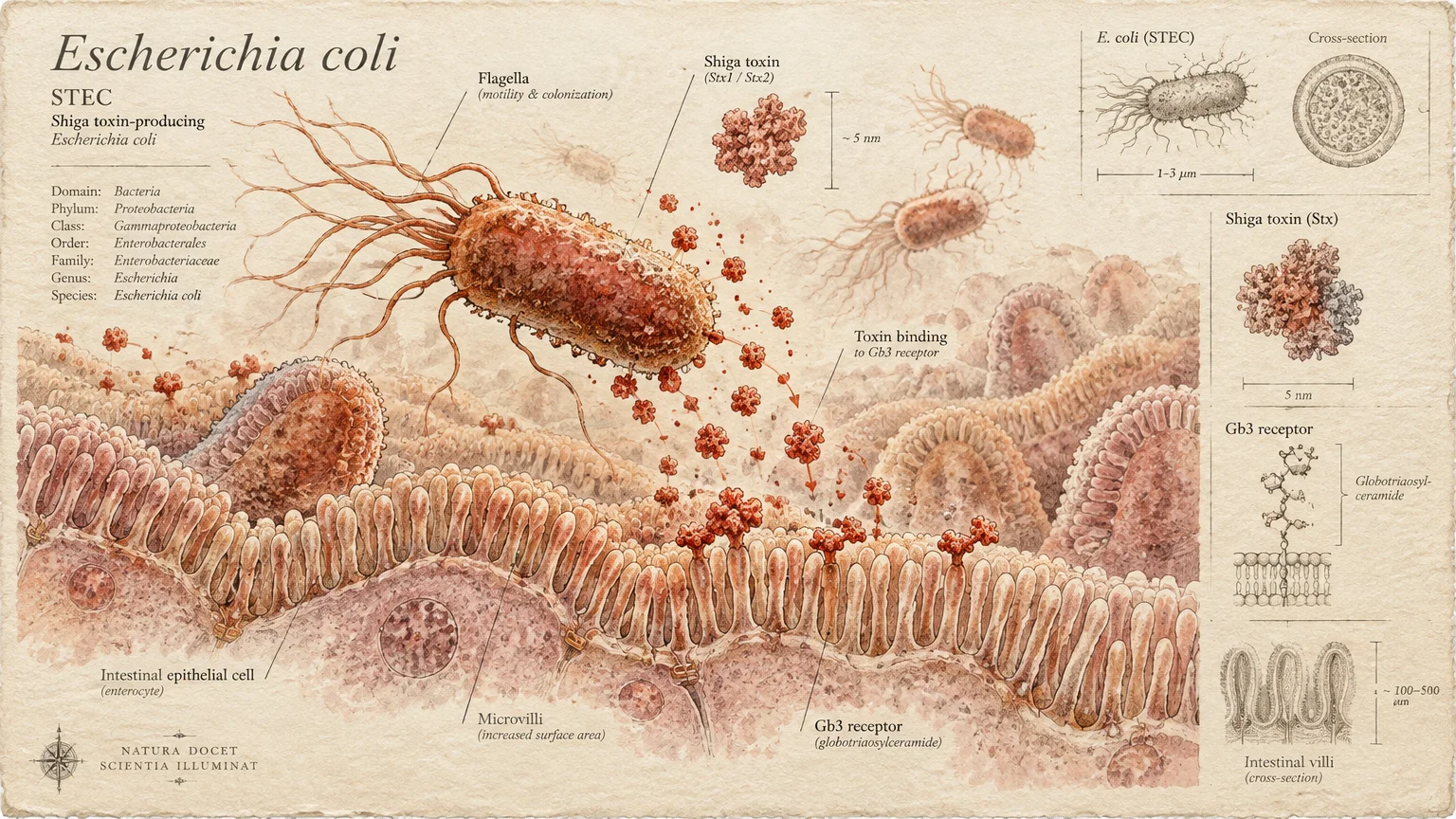 Medical diagram of Shiga toxin-producing E. coli releasing toxins onto intestinal epithelial microvilli and Gb3 receptors.