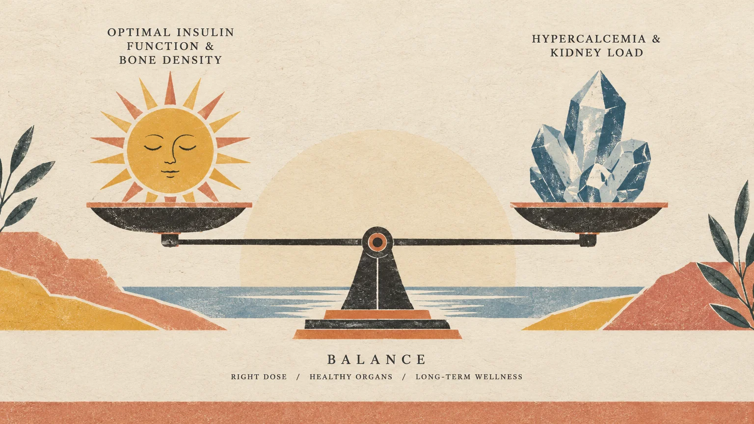 Illustration of a balance scale with a sun on one side and blue crystals on the other, titled Balance.