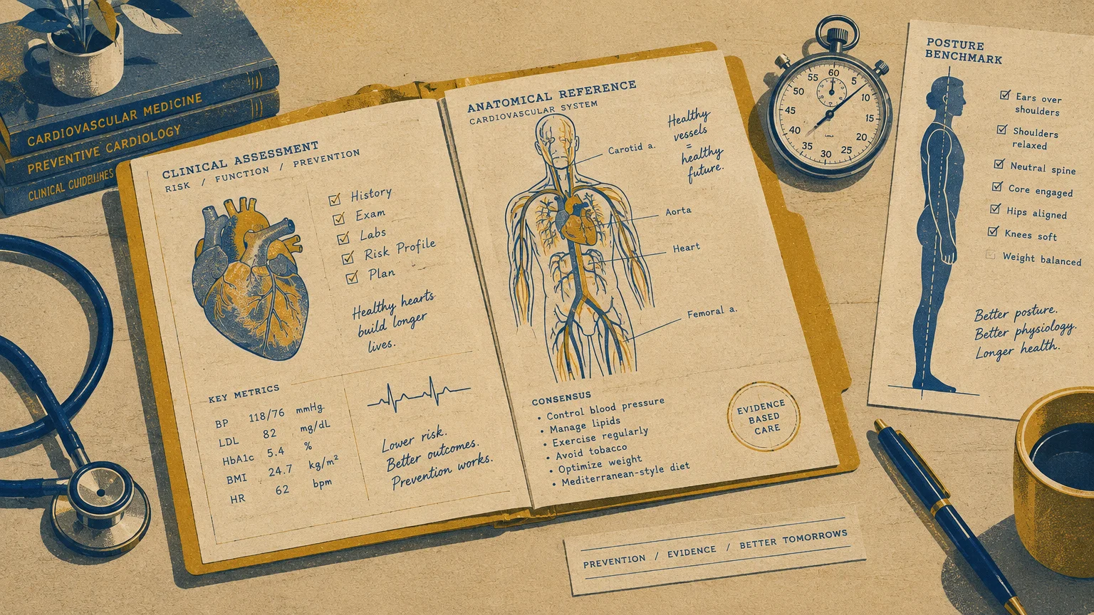 Medical desk flat lay with an open clinical assessment folder, anatomical heart diagrams, stethoscope, and stopwatch.