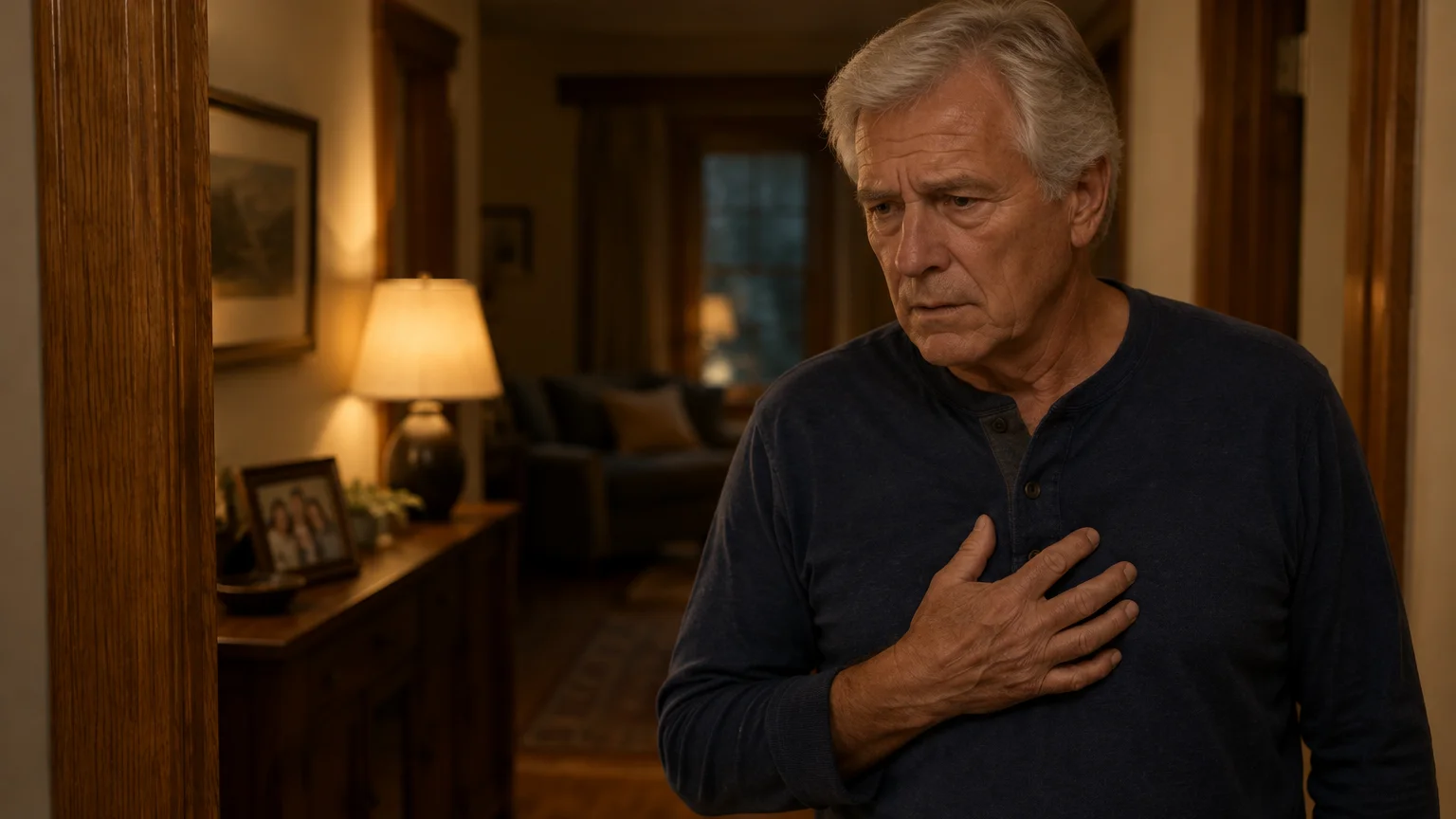 An older man with grey hair standing in a dimly lit hallway and holding a hand against his chest with a concerned look.