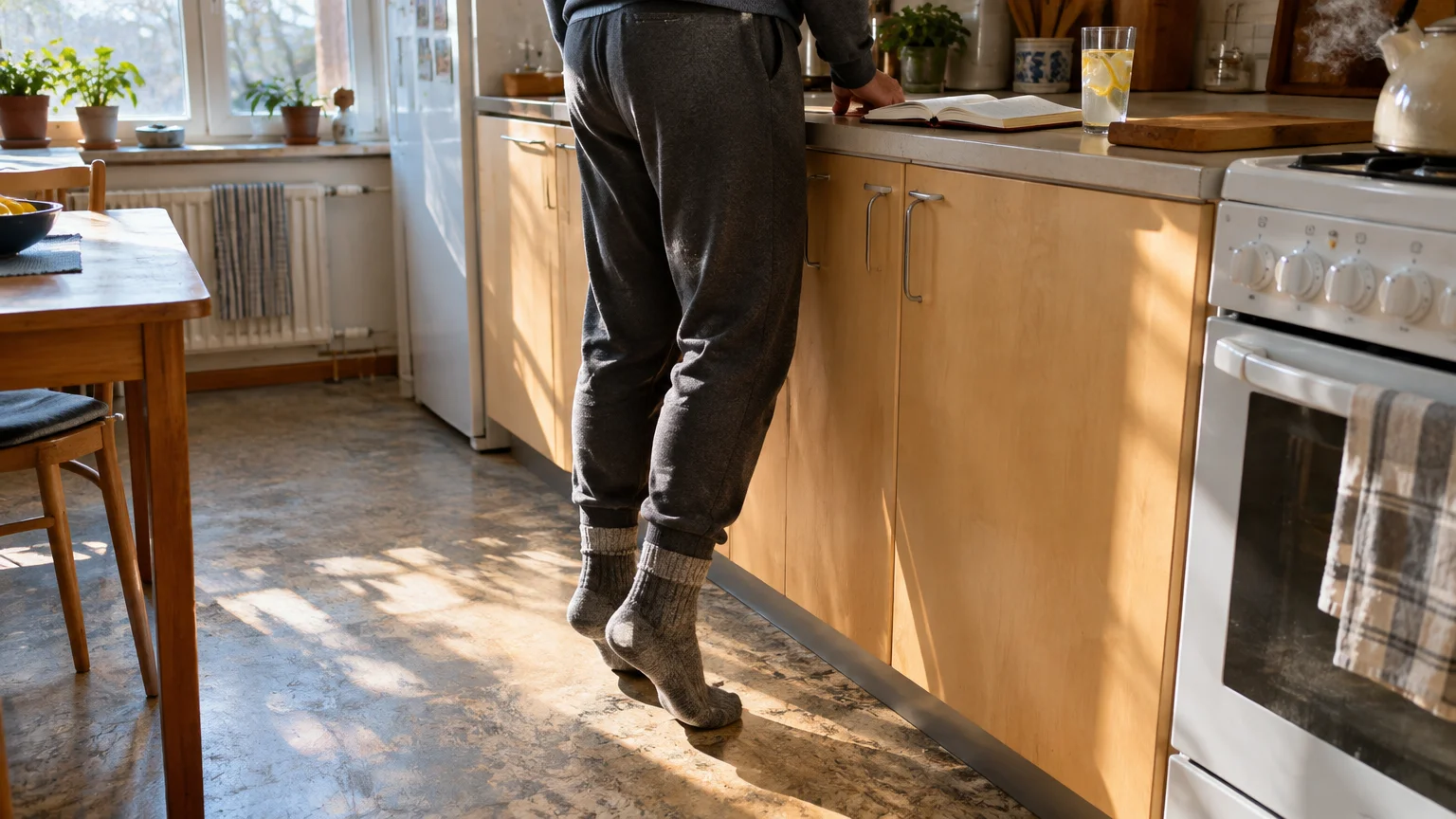 Person standing on tiptoes in wool socks while leaning against a wooden kitchen counter with an open book.