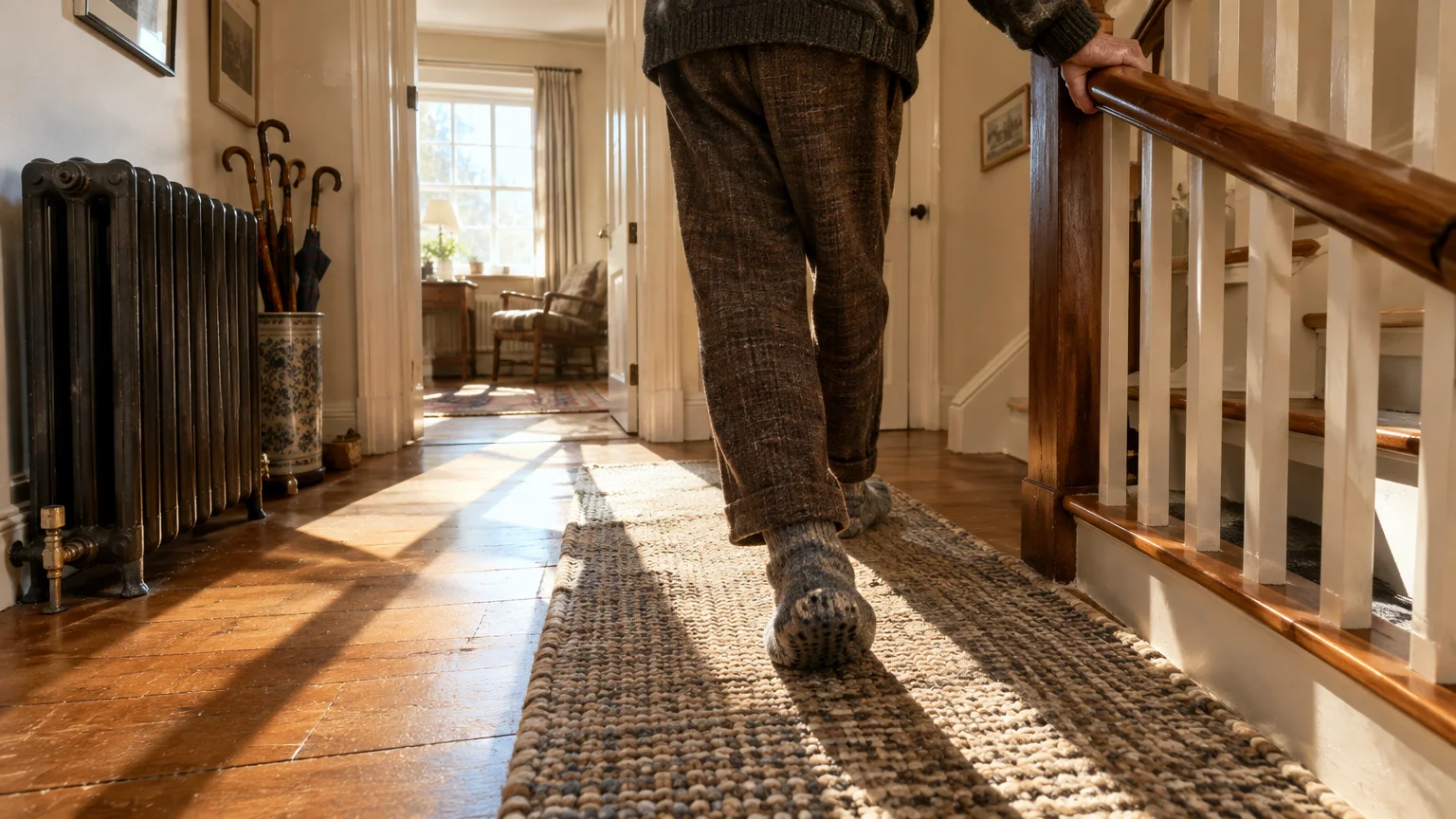 Lower half of an older person walking along a woven runner rug indoors beside a radiator and wooden stairs.