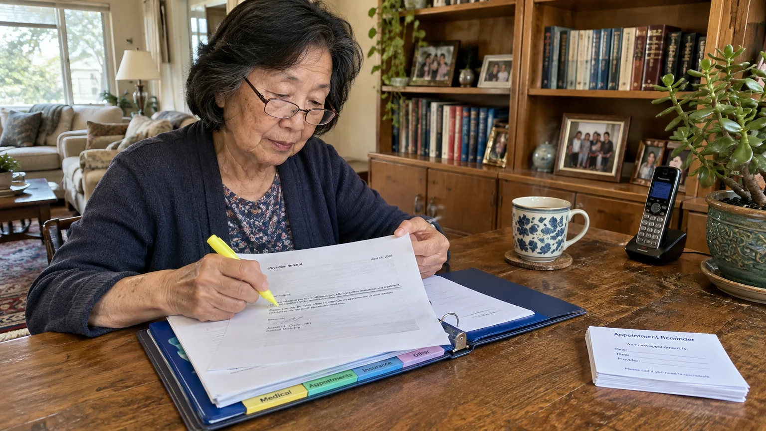 Senior woman reviewing paperwork with a yellow highlighter at a wooden table in a living room.