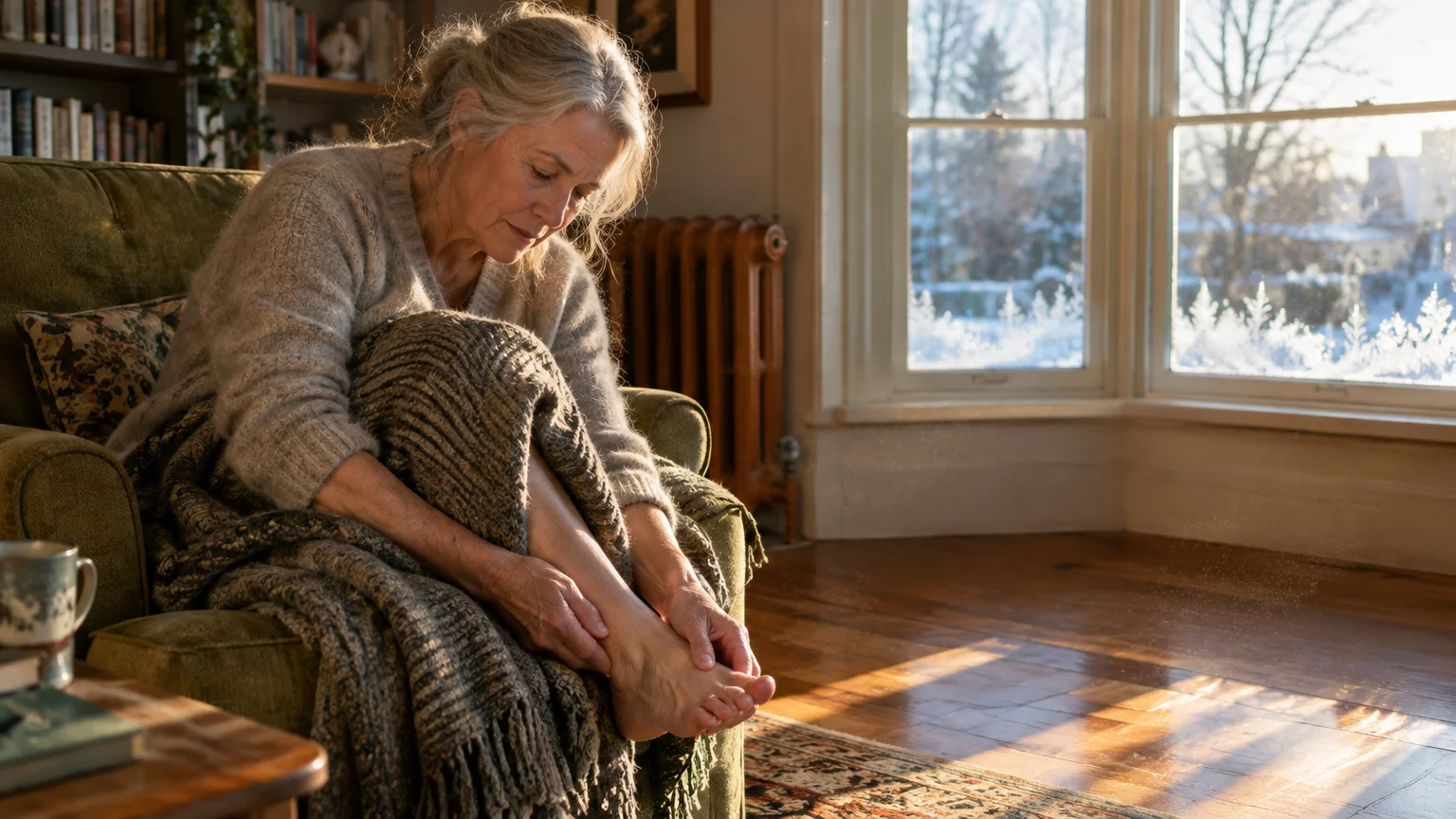 Senior woman sitting in an armchair under a blanket and holding her bare foot near a sunny window.