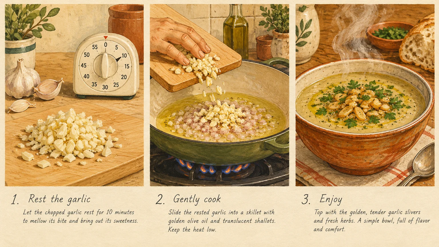 Three-panel illustration showing minced garlic resting beside a timer, cooking in a skillet, and served atop soup.