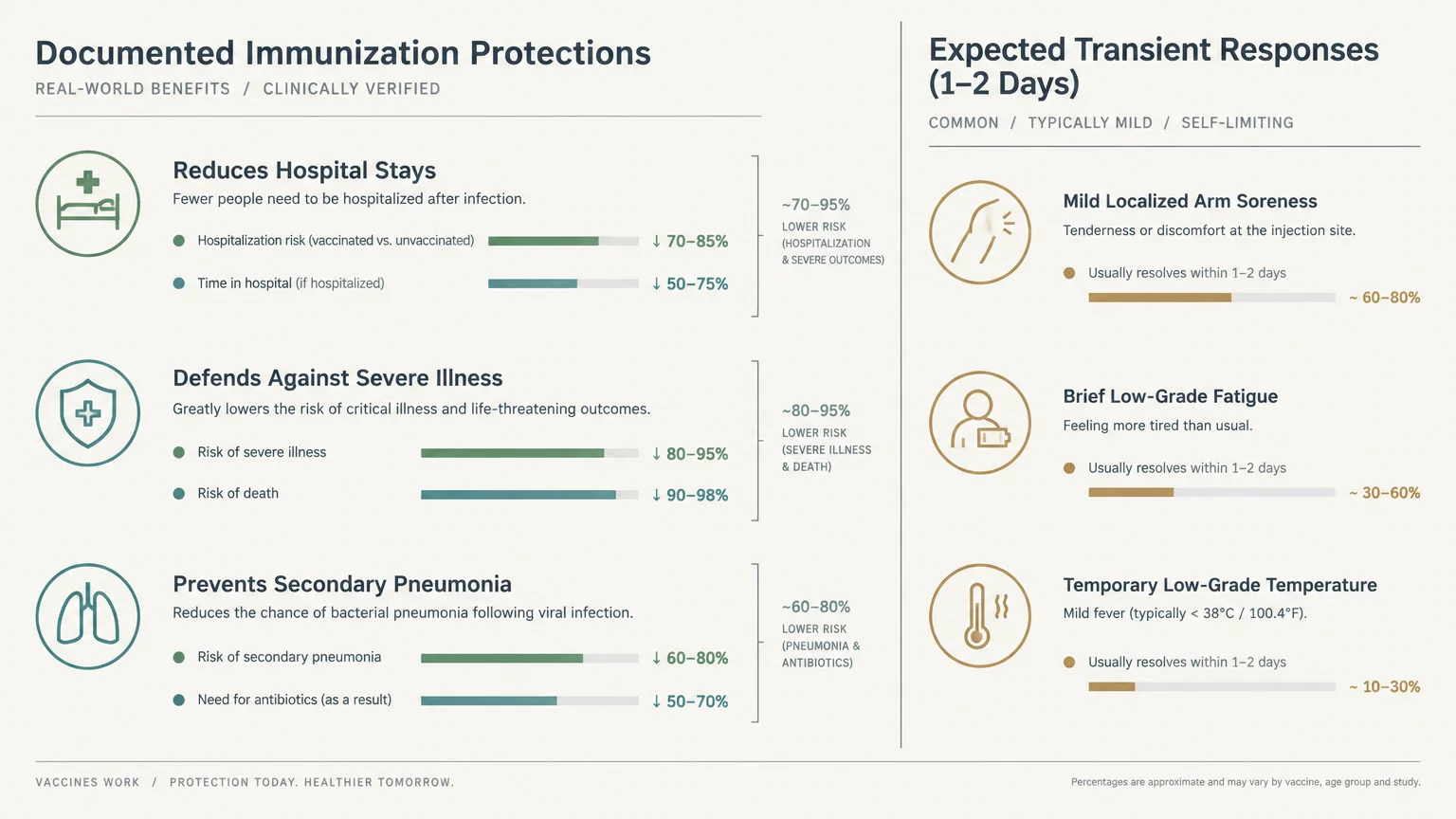 Infographic comparing documented immunization protections like reduced hospital stays against transient responses like arm soreness.