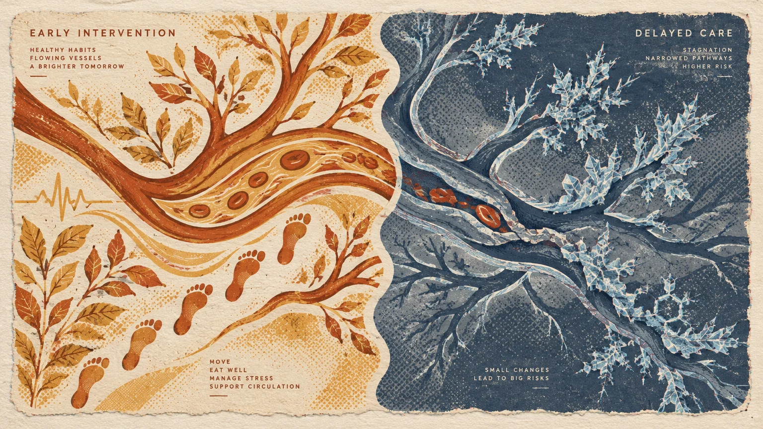 Split illustration contrasting warm early intervention with flowing vessels against frozen, icy branches of delayed care.