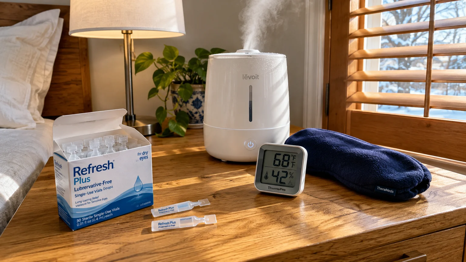 Humidifier emitting mist on a wooden nightstand beside a digital hygrometer, eye drops, and a fabric eye mask.
