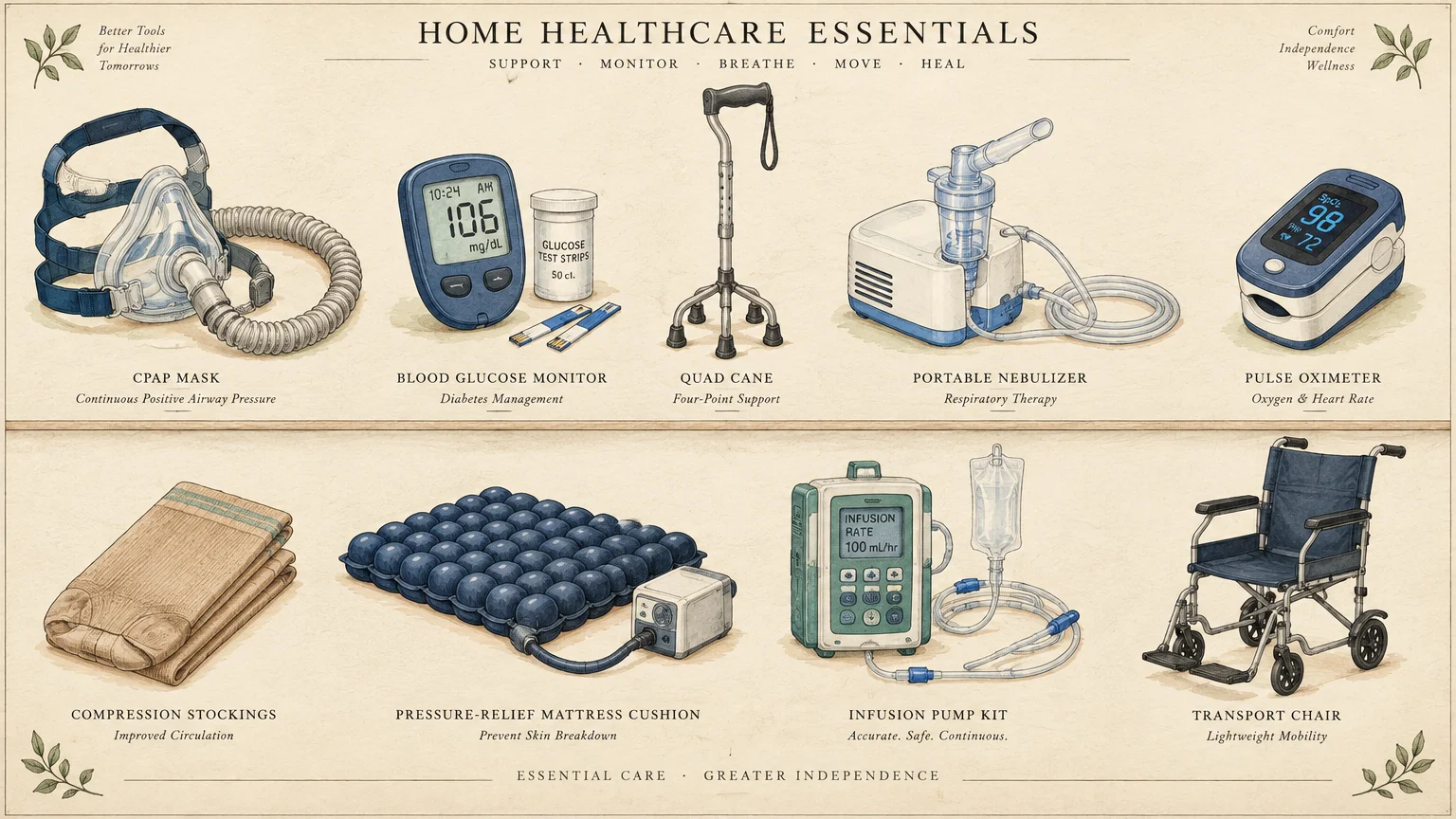 Illustrated chart of home healthcare essentials including a CPAP mask, glucose monitor, cane, nebulizer, and wheelchair.