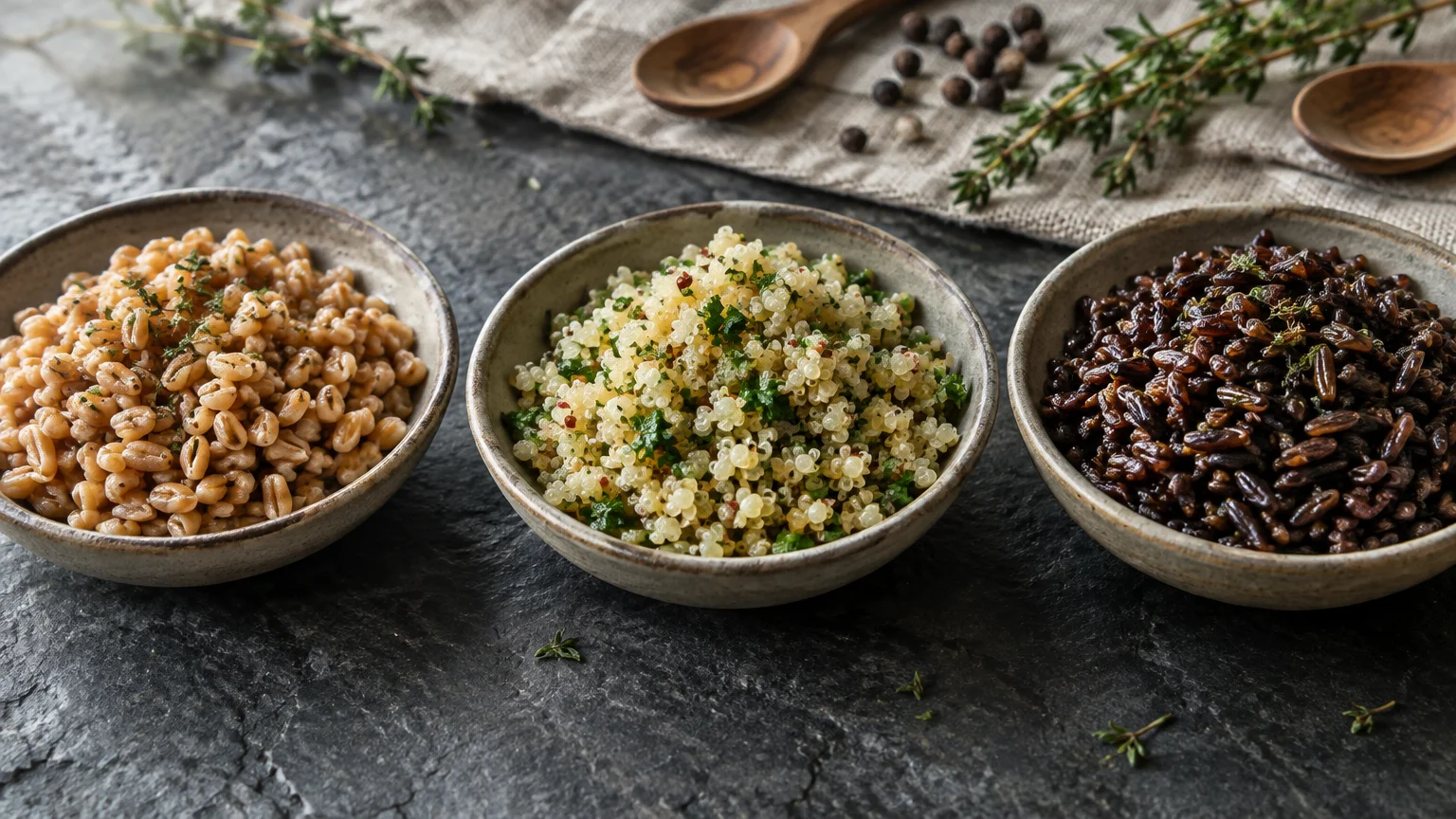 Three ceramic bowls filled with cooked farro, herb-seasoned quinoa, and wild rice on a dark slate surface.